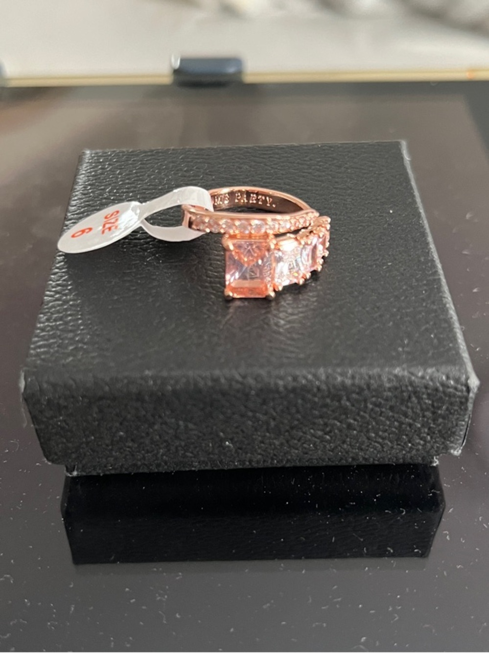 Bomb Party! Rose Gold Three-Stone Pink Crystal Ring with Pavé Band